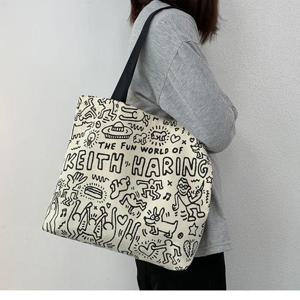 [HYIJSSMW_4B]키스해링 대용량 숄더백 캔버스 학생 가방