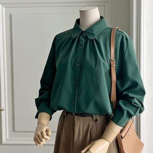 여성 카라넥 주름 2컬러 간절기 긴팔 블라우스 DGB-WBL-3825-그린