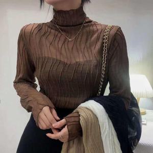 여자 시스루 스판 웨이브 목폴라 블라우스 레이어드 망사 이너티