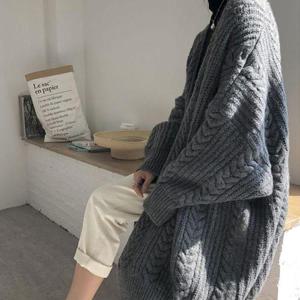 겨울 로브 가디건 여성 꽈배기 롱가디건 회색 롱니트 (W9E9702)