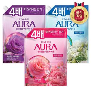 AURA 아우라 생화캡슐 초고농축 섬유유연제 용기 1.7L x 2개 (피오니로즈/프레시릴리/자스민머스크 택1)