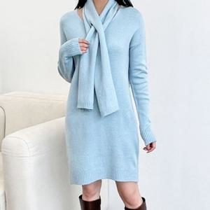 원피스 OPS 여성 겨울 가을 홈웨어 연말룩 캐주얼 니트 머플러 세트 브이넥 롱 치마