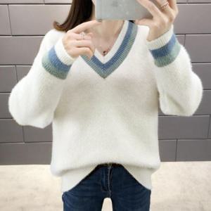 나바바 / NK963 심플 라인배색 브이넥 니트티