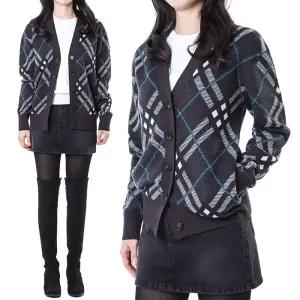 버버리 클래식 체크 패턴 울 모헤어 블렌드 여성 가디건 차콜
