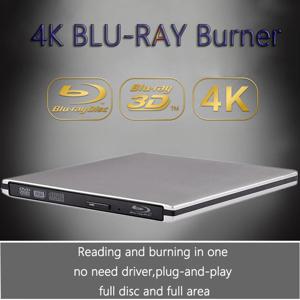 4K 블루레이 굽기, USB 3.0, DVD 재생, 3D 블루레이 R/W, CD/DVD 버너를 갖춘 초슬림 외장형 광학 드라이브