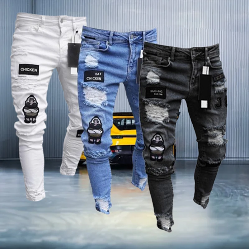 블루/블랙/화이트 자수 찢어진 청바지 남성 코튼 스트레치 홀 슬림 힙합 데님 바지 남성용 캐주얼 청바지 조깅 바지