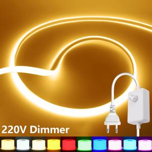 조광 가능 220V COB LED 조명, 디머 포함 EU 플러그 네온 스트립 288Leds/M IP67 방수 정원/룸/홈바 조명용 플렉시블 램프