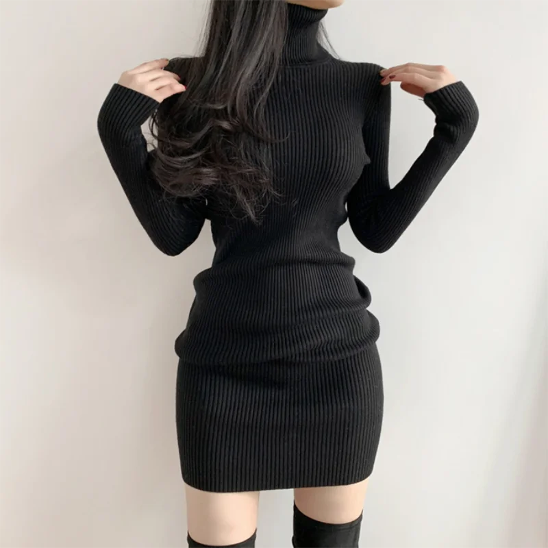 여성 가을 ​​겨울 터틀넥 따뜻한 Bodycon 복장 긴 소매 니트 솔리드 오피스 풀오버 섹시한 미니 드레스 숙녀 2025