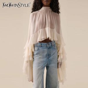 TWOTWINSTYLE 여성용 솔리드 루즈 쉬어 블라우스 하이 넥 긴 소매 패치 워크 프릴 폴드 우아한 블라우스 여성 의류