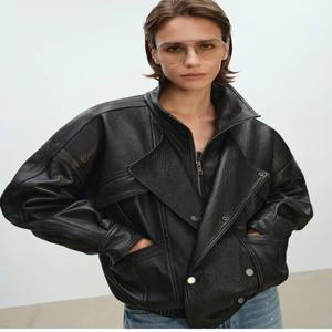 여성용 가죽 재킷 트렌치, 수입 양가죽 레트로 가죽, 이중 레이어 라펠, 디바이딩 라인, 실루엣 가죽 재킷