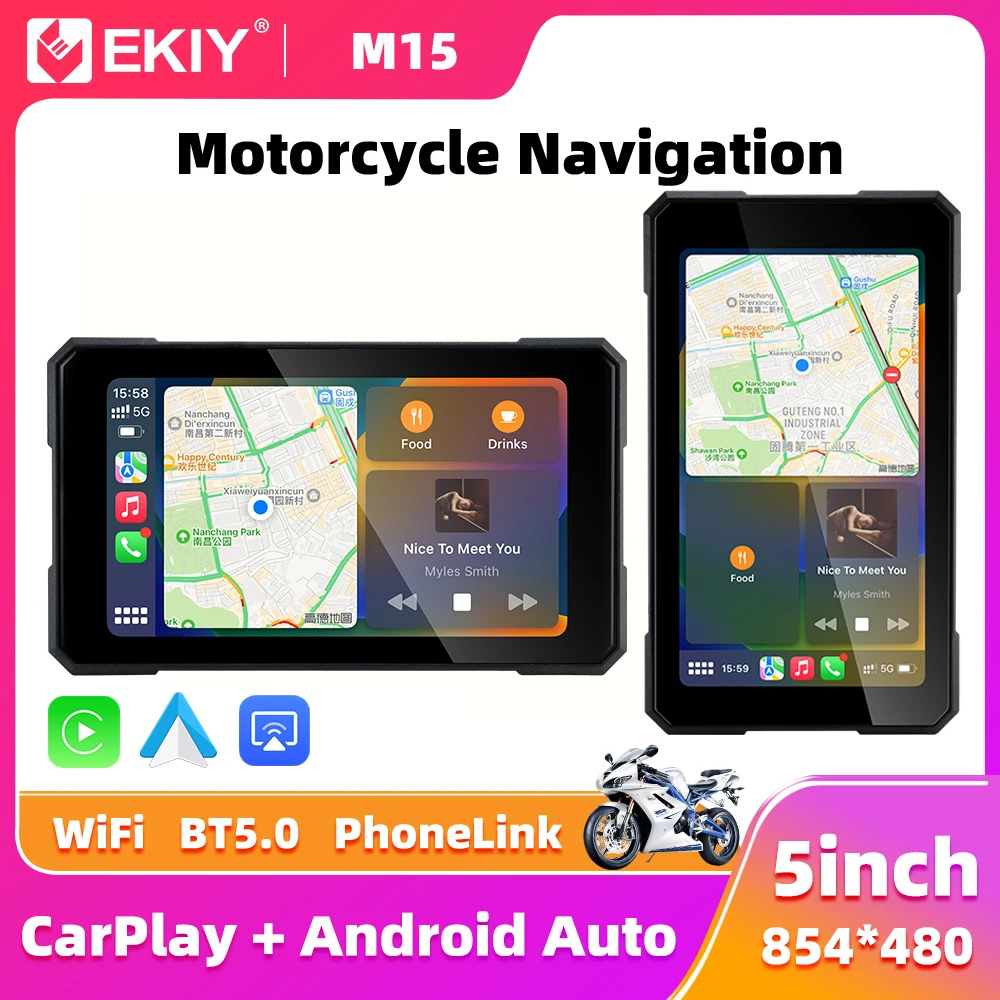 EKIY 5.0인치 무선 카플레이 모토 안드로이드 오토 휴대용 디지털 오토바이 대시보드 GPS 내비게이션 탈착식 디스플레이 화면