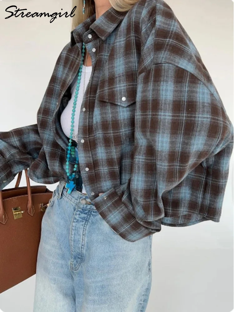 스트림걸 오버사이즈 체크 셔츠 여성 2026 봄 루즈 빈티지 롱 셔츠 긴팔 여성 체크 브라운 오버사이즈 셔츠 블루