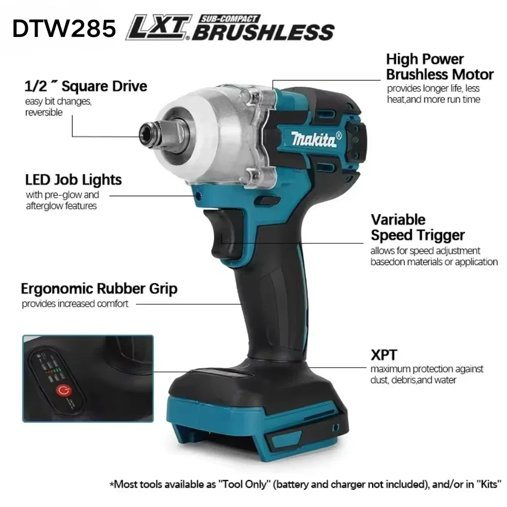 Makita DTW285 18V 브러시리스 전기 드라이버 280N.m 1/2인치 소켓 충전식 드릴 드라이버 Makita 18V 배터리와 호환 가능
