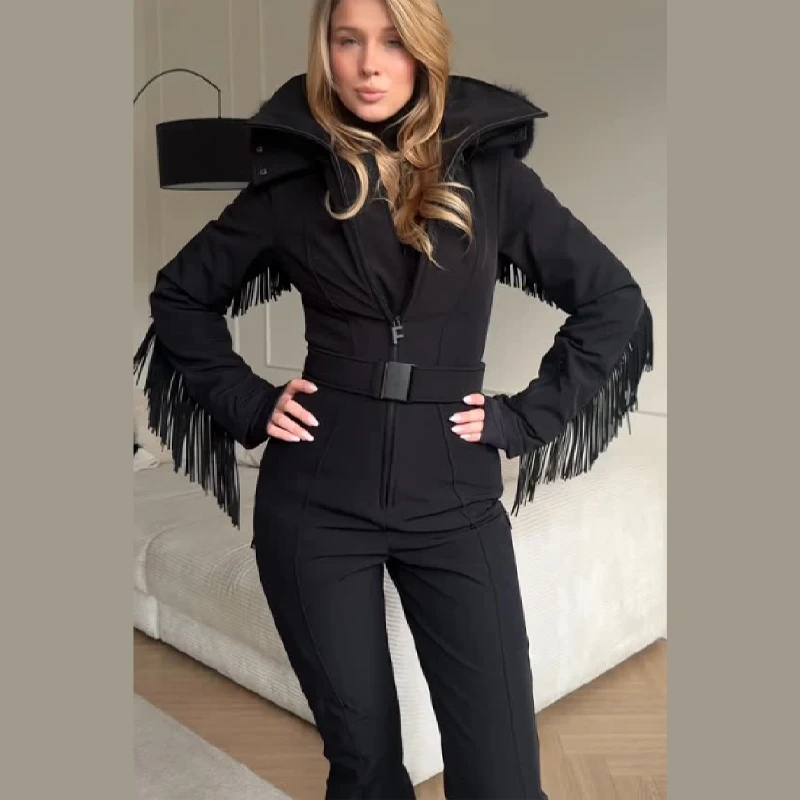 두꺼운 원피스 스키복 여성용 인조 모피 후드 태슬 코트 하이웨이스트 벨트 점프수트 2025 겨울 방풍 방수 스키웨어