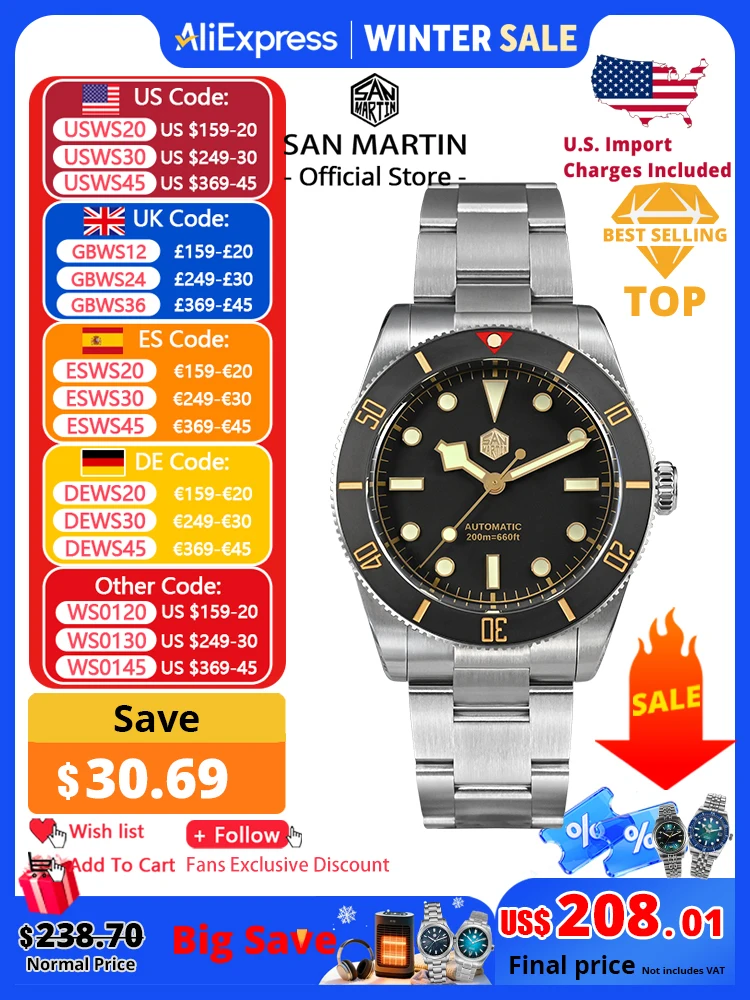 산 마틴 새로운 37mm BB54 빈티지 다이버 시계 NH35 자동 기계식 남성용 손목 시계 사파이어 축광 방수 200m SN0138