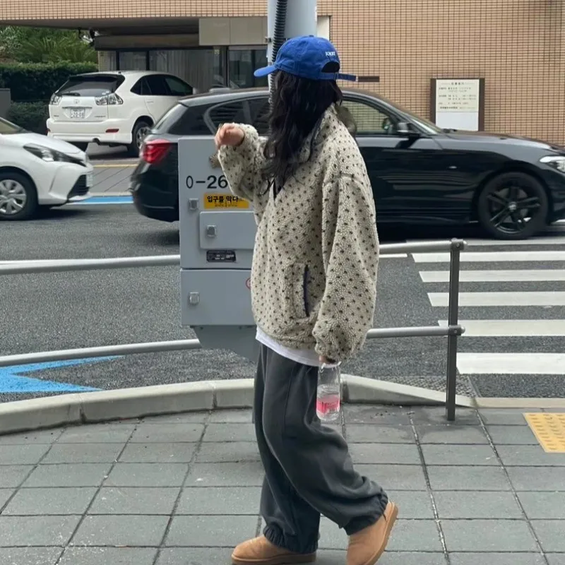 폴카 도트 따뜻한 양털 후드티 여성용 민소매 폴리에스터 섬유 의류 가을 패션 캐주얼 편안한 스웨트셔츠