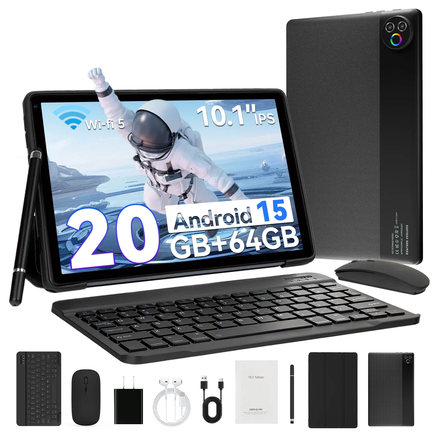 URAO 안드로이드 15 태블릿 10.1인치 20GB RAM 64GB ROM 5코어 듀얼 카메라 태블릿 PC 세트 키보드/케이스/마우스/스타일러스/헤드폰