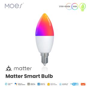 MOES Tuya Matter WiFi 스마트 전구 디밍이 가능한 Led 조명 1600만 RGB 색상 E14 촛불 램프 음성 제어 Alexa Google 홈