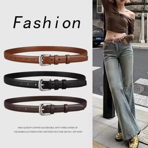 1pcs 여성 벨트 패션 핀 버클 얇은 벨트 정품 럭셔리 소프트 벨트 여성 카고 바지 청바지 벨트 블랙 PU 가죽 벨트