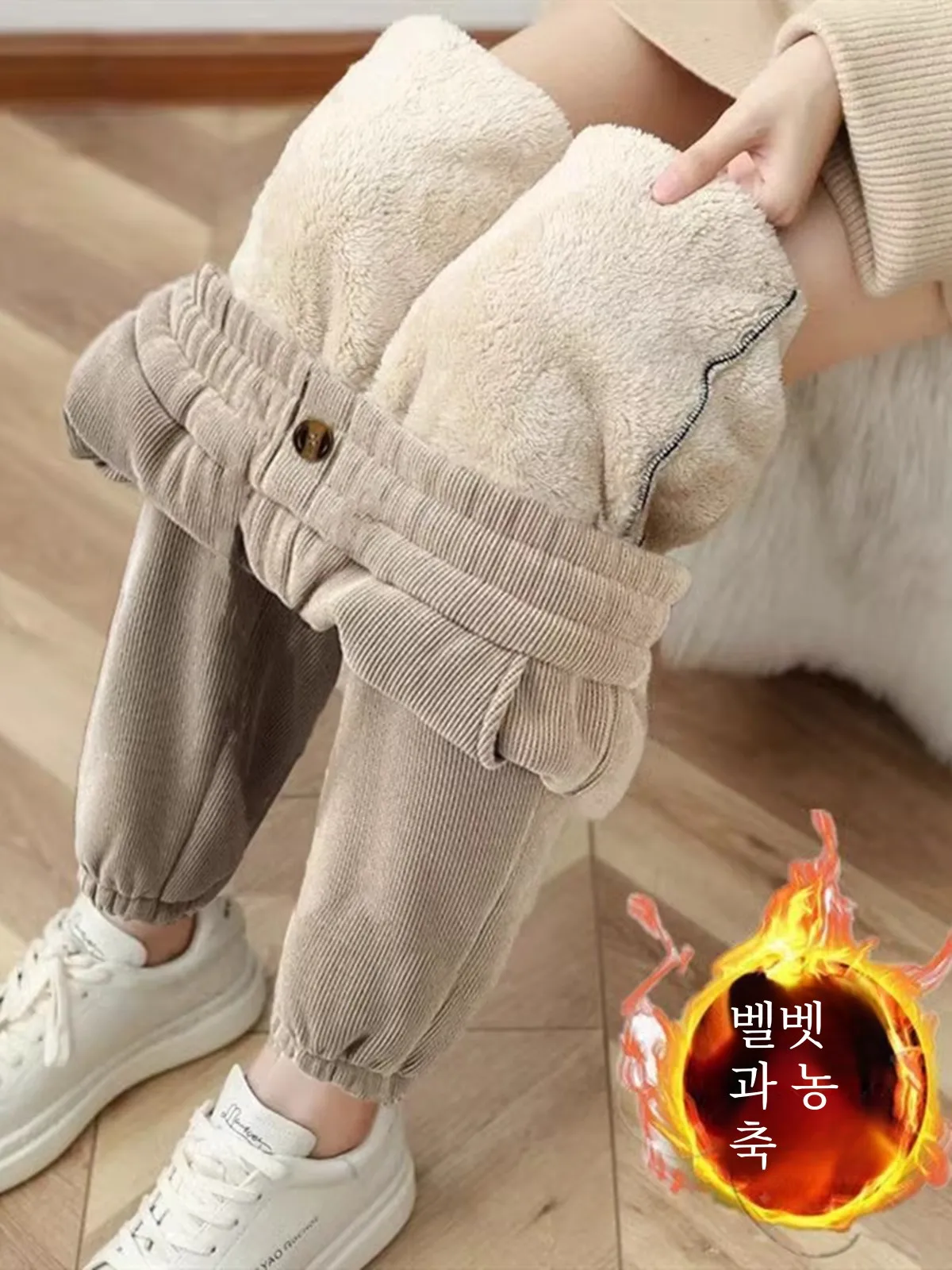 여성용 가을 겨울 두꺼운 플리스 안감 코듀로이 루즈 캐주얼 팬츠 하이웨이스트 하란 팬츠 9부 하이웨이스트