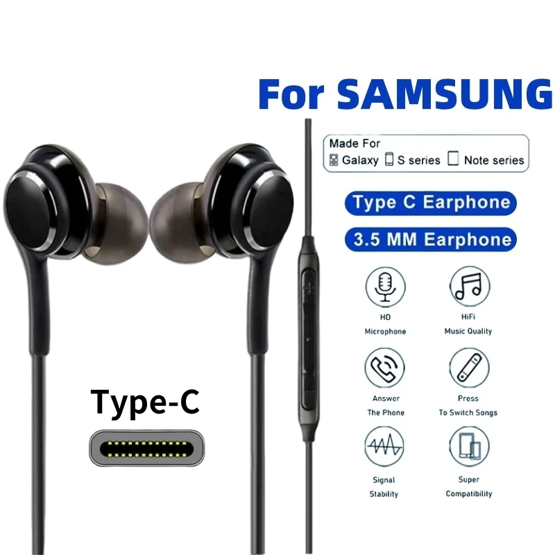 삼성 Galaxy S24 S23 S22 용 Type-C 유선 헤드폰 3.5MM 이어폰 형 헤드폰 A53 A52 Note 20 USB-C 이어폰 HiFi Bass Stereo