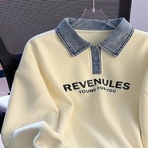 데님 폴로넥 스웨트셔츠 여성용 가을 겨울 기모 오버사이즈 루즈핏 레이지 햇리스 탑 출퇴근룩 기타 00%