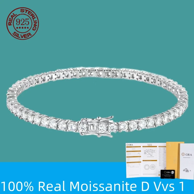 공장 가격 D VVS1 Moissanite 테니스 팔찌 925 스털링 실버 단일 행 클래식 여성용 GRA 팔찌 남자 쥬얼리