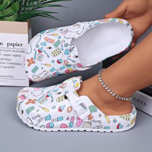 여성용 프린트 실내 슬리퍼 뮬 클로그 EVA 미끄럼 방지 작업화 플랫 소프트 솔 조절 가능한 버클 클로즈드 토 하우스 슬리퍼