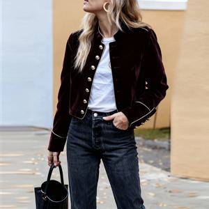 모디걸 여성용 벨벳 와인 레드 재킷 2025 가을 겨울 코트 긴 소매 스탠드 칼라 버튼 캐주얼 아우터웨어