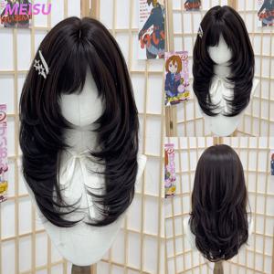 메이수 22인치 합성 에어뱅 가발 스트레이트 레이어드 블랙티 가발 섬유 내열성 파티 또는 셀카용 여성 데일리용