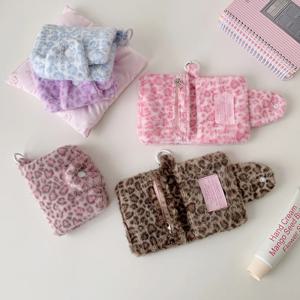 레오파드 프린트 플러시 스냅 동전 지갑 귀여운 학생증 홀더 휴대용 미니 지갑 소녀용