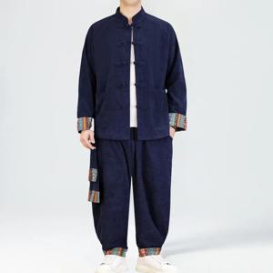 2025 남성 중국풍 레트로 당나라 슈트 남성 패치워크 코듀로이 세트 프린트 한복 남성 프린트 세트 남성 빈티지 쿵푸 슈트