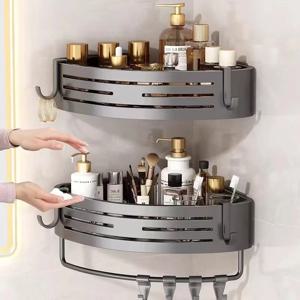 욕실 코너 선반 1-2개, 플라스틱 후크 수건걸이 포함, 무타공 알루미늄 샤워 수납 선반, 욕실 정리함