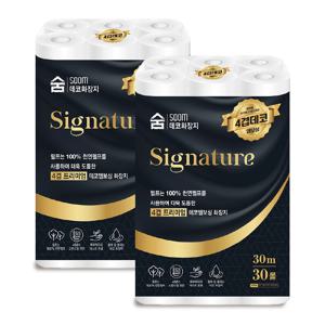 도톰한 숨 시그니처 4겹 30m 30롤 2팩 천연펄프 화장지 휴지 비데겸용 두루마리 국내생산