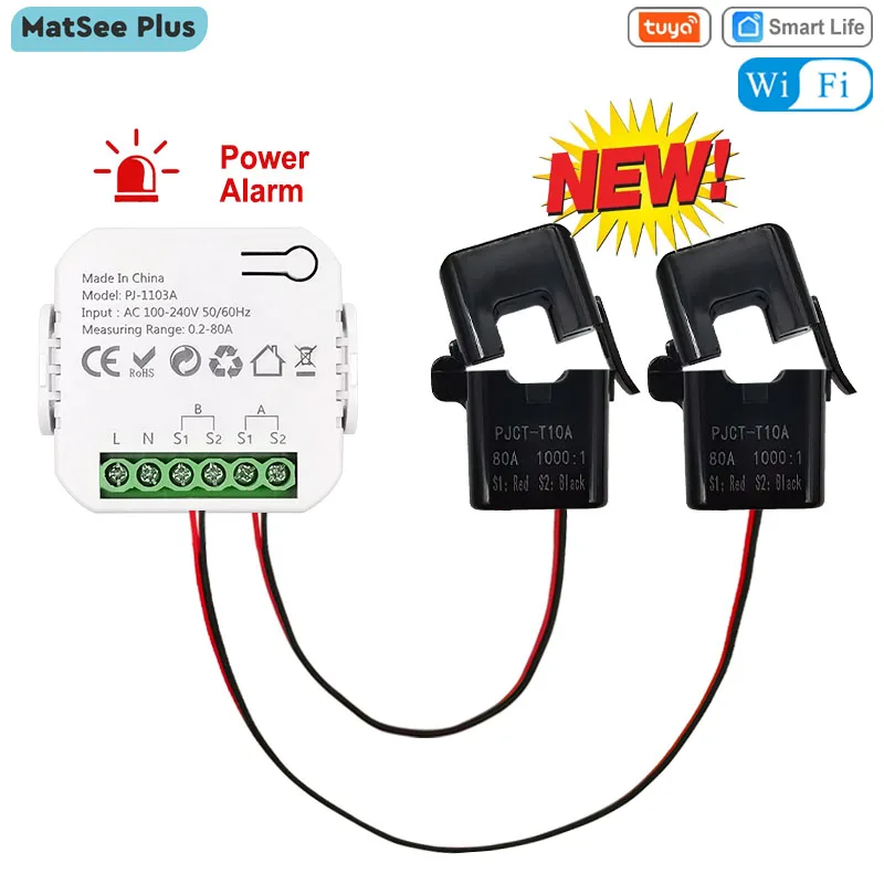 스마트 뉴 WiFi 에너지 클램프 양방향 계량기(부저 알람 포함) - 임계값 앱 모니터링, 수출/수입 전력 AC110V/240V 지원