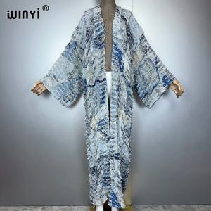 WINYI 아프리카 프린트 여성용 기모노 패션 속이 비치는 데님 롱 다운 코트 수영복 커버업 빈티지 홀 카우보이 가디건