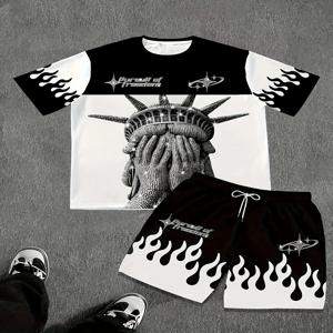 여름 패션 남자의 새로운 자유의 여신상 인쇄 편안하고 통기성이 뛰어난 라운드 넥 티셔츠 반바지 세트 야외 캐주얼 의류