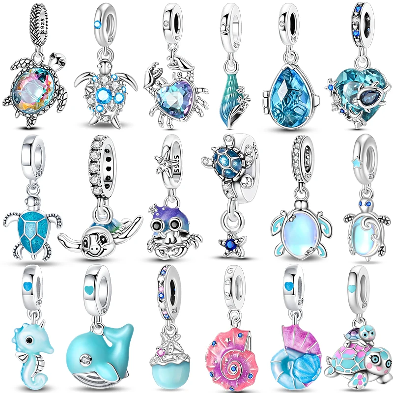 패션 925 스털링 실버 여름 바다 세계 시리즈 바다거북 불가사리 게 문어 참 비즈 925 팔찌 DIY 쥬얼리에 맞습니다