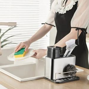 3-in-1 주방 비누 디스펜서 스테인리스 스틸 식기 홀더 숟가락 보관 주방 정리대 배수대 접시 건조대