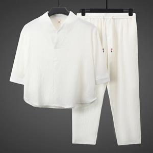 여름용 얇은 아이스 실크 루즈핏 캐주얼 7부 소매 티셔츠 세트 (젊은 남성용) 편안하고 통기성 좋은 루즈핏 스포츠웨어 세트
