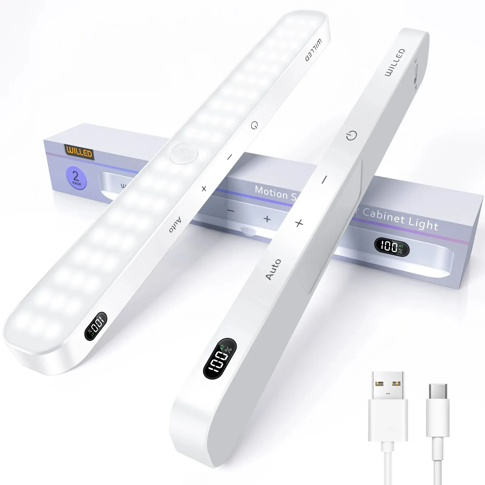 WILLED 모션 센서 캐비닛 라이트 배터리 디스플레이 60 LED 터치 라이트 바 무선 충전식 배터리 야간 조명