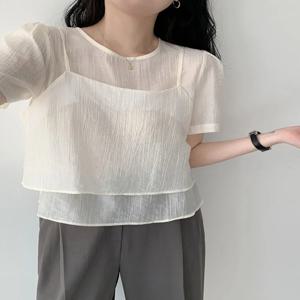 한국 스타일 라운드 넥 버블 슬리브 쉬폰 블라우스 여성용 소프트 윈드 투피스 세트 숏탑 레이어링 디자인 캐주얼 출퇴근룩