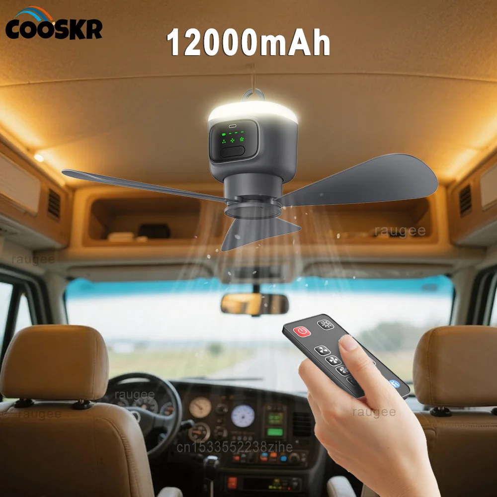 12000mAh 천장 팬 휴대용 캠핑 팬 텐트 공기 순환기 쿨러 야외 충전식 전기 팬 LED 라이트 원격 제어