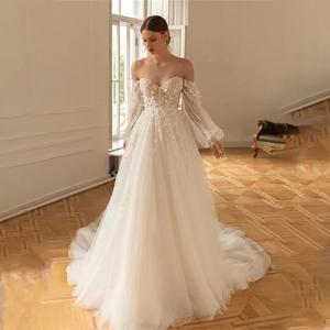 긴 소매 3D 플라워 레이스 아플리케 브라이덜 그로운 A라인 웨딩드레스 롱 퍼프 소매 2026 웨딩드레스