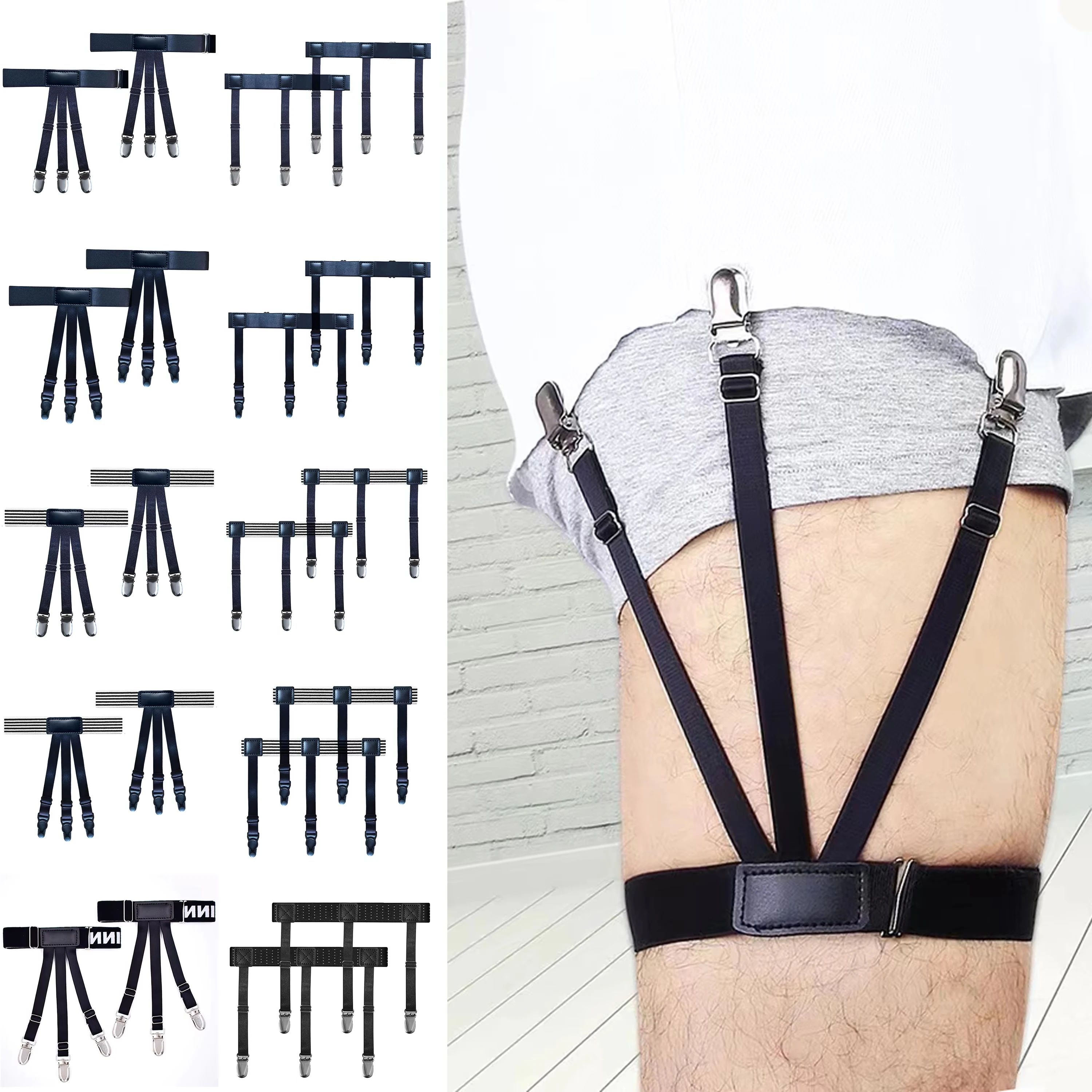 남성용 셔츠 스테이 벨트 1쌍 (블랙/핑크) 미끄럼 방지 잠금 클립 포함, 셔츠를 올바르게 고정, 다리 허벅지 조절 가능한 서스펜더 가터