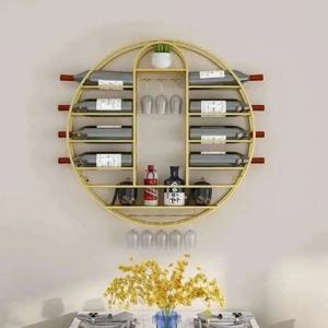 북유럽 스타일 원형 벽걸이 와인랙 가정용 수납랙 와인잔 홀더 포함 모던 바 가구 고급 골드 철제 와인 캐비닛