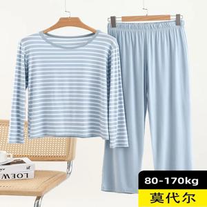모달 루즈 홈웨어 투피스 세트 가을 얇은 긴팔 스트라이프 잠옷 캐주얼 플러스 사이즈 상하 세트 통기성 시원한 느낌