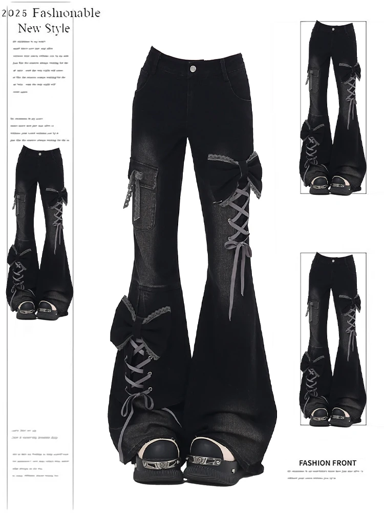 여성용 로우 라이즈 플레어 진 리본 레이스업 일본 디자이너 데님 팬츠 쇼우조 Y2K 아메리칸 레트로 벨 바텀 진 하라주쿠 신상