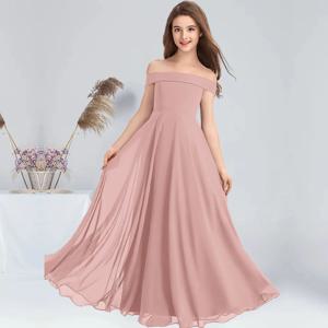 A 라인 오프숄더 바닥 길이 쉬폰 주니어 신부 들러리 드레스, 카베르네 플라워 걸 원피스 웨딩 주니어 파티 원피스