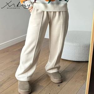 MiuKoMiYa 가을 회색 모직 바지 여성 와이드 레그 스트레이트 롱 바지 Office Lady 하이 웨이스트 여성 베이지 공식 바지 루즈